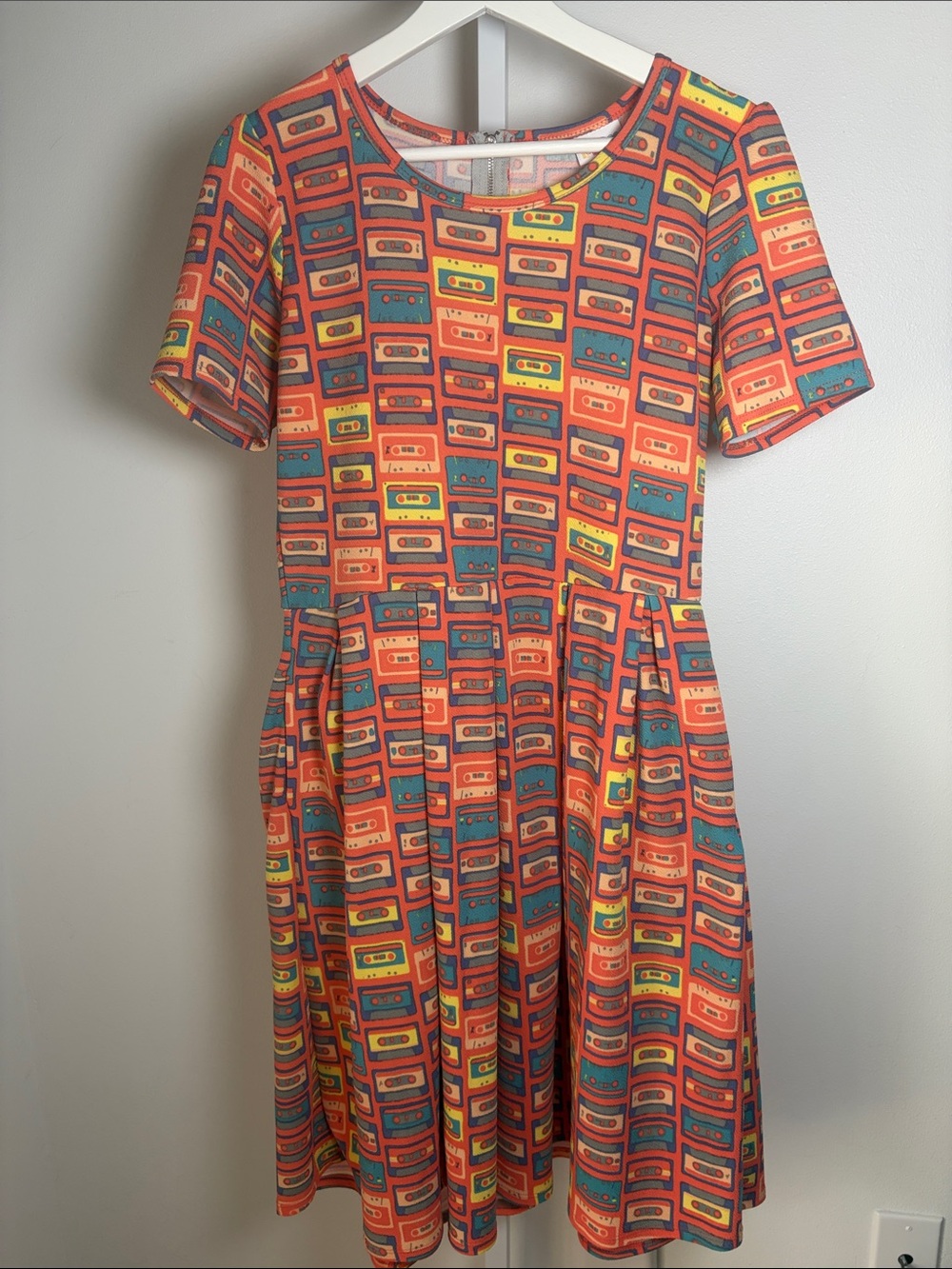 LulaRoe Amelia Dress Retro Vintage Cassette Tape Print Multi Color Size Large